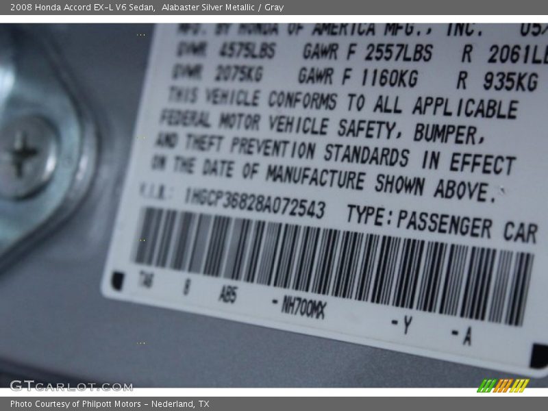 Alabaster Silver Metallic / Gray 2008 Honda Accord EX-L V6 Sedan