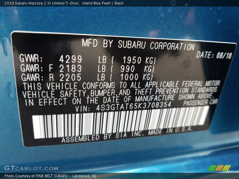 Island Blue Pearl / Black 2019 Subaru Impreza 2.0i Limited 5-Door