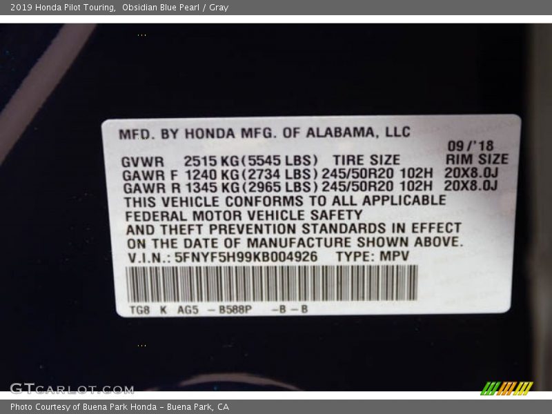 Obsidian Blue Pearl / Gray 2019 Honda Pilot Touring