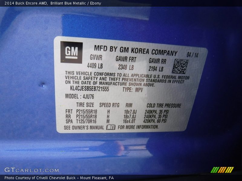 Brilliant Blue Metallic / Ebony 2014 Buick Encore AWD