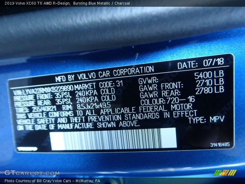 Bursting Blue Metallic / Charcoal 2019 Volvo XC60 T6 AWD R-Design