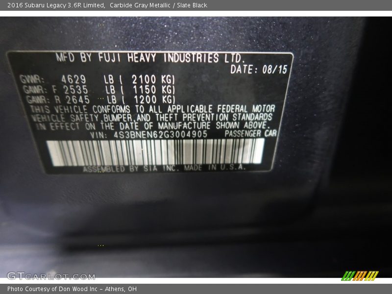 Carbide Gray Metallic / Slate Black 2016 Subaru Legacy 3.6R Limited