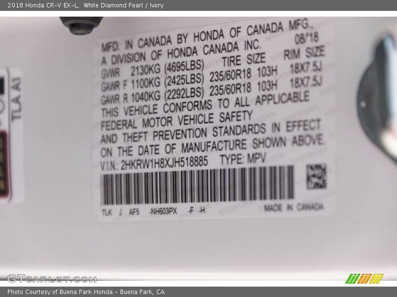 White Diamond Pearl / Ivory 2018 Honda CR-V EX-L