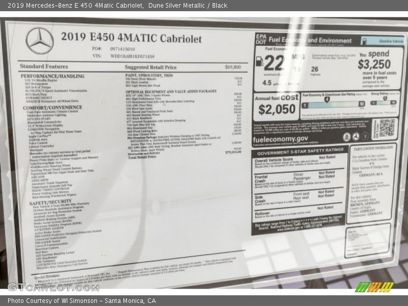  2019 E 450 4Matic Cabriolet Window Sticker