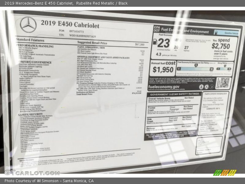  2019 E 450 Cabriolet Window Sticker