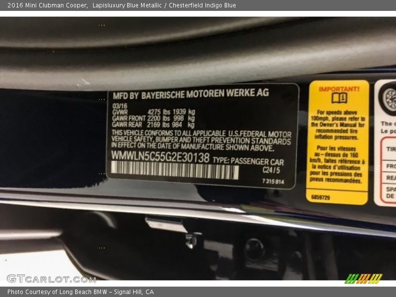 Lapisluxury Blue Metallic / Chesterfield Indigo Blue 2016 Mini Clubman Cooper