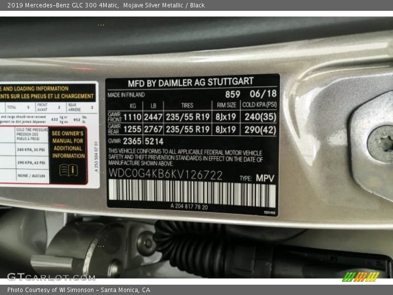 2019 GLC 300 4Matic Mojave Silver Metallic Color Code 859