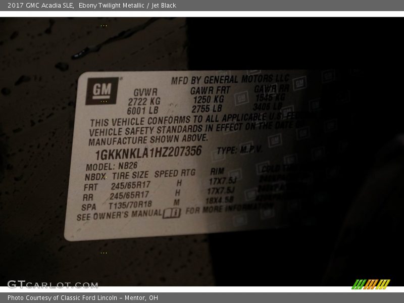 Ebony Twilight Metallic / Jet Black 2017 GMC Acadia SLE