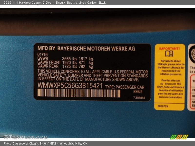 Electric Blue Metallic / Carbon Black 2016 Mini Hardtop Cooper 2 Door
