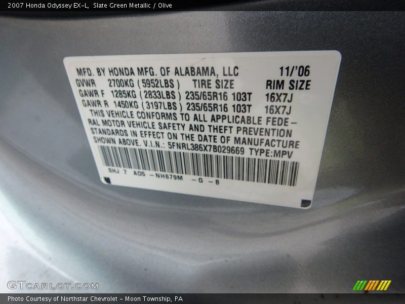 Slate Green Metallic / Olive 2007 Honda Odyssey EX-L