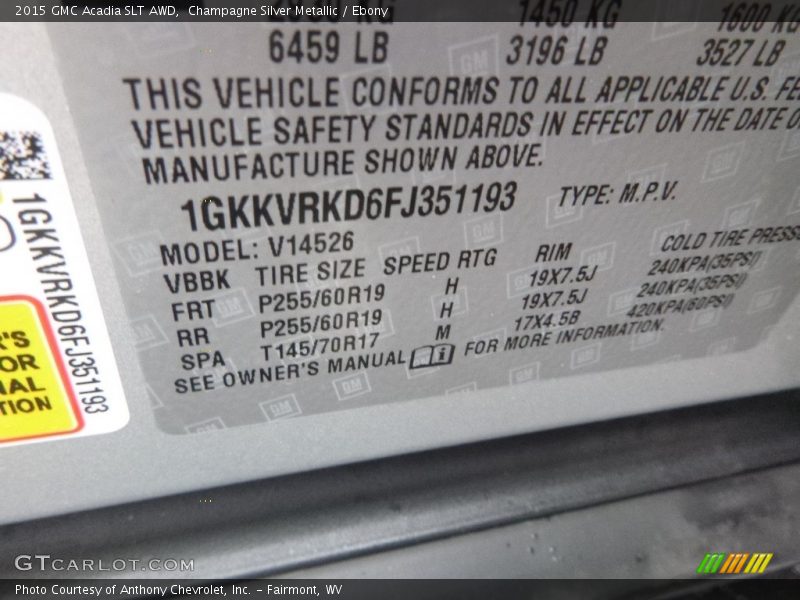 Champagne Silver Metallic / Ebony 2015 GMC Acadia SLT AWD