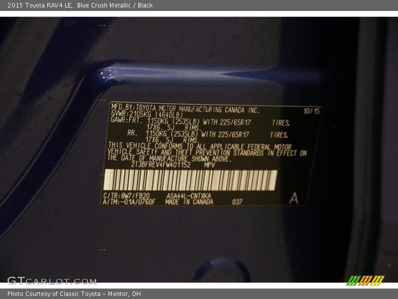 Blue Crush Metallic / Black 2015 Toyota RAV4 LE