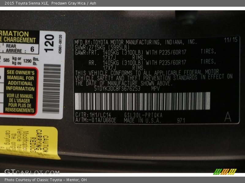 Predawn Gray Mica / Ash 2015 Toyota Sienna XLE
