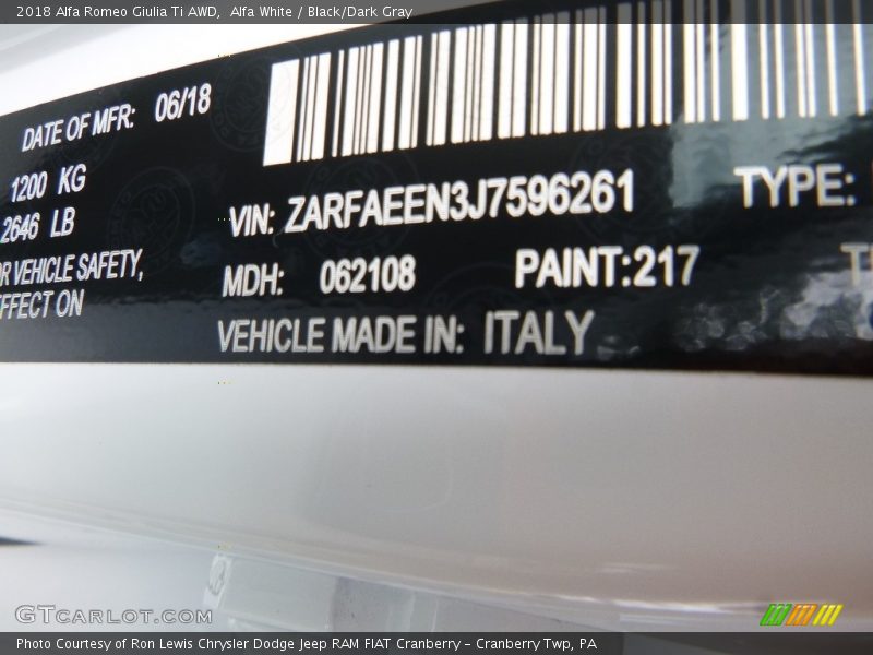 Alfa White / Black/Dark Gray 2018 Alfa Romeo Giulia Ti AWD