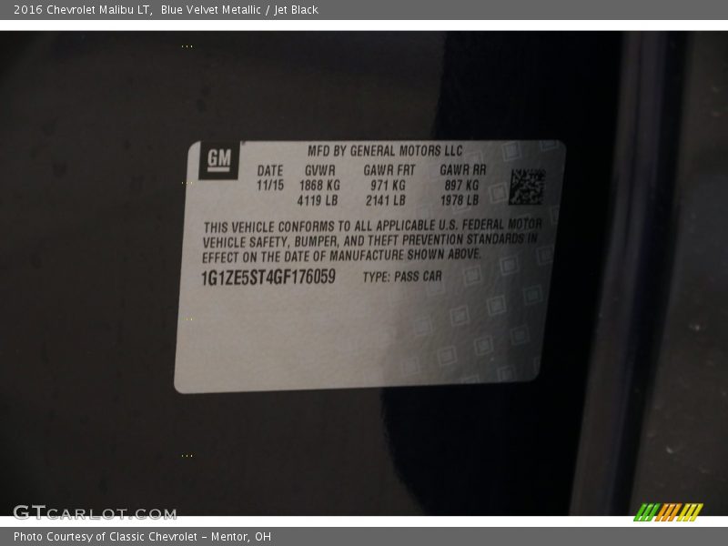 Blue Velvet Metallic / Jet Black 2016 Chevrolet Malibu LT