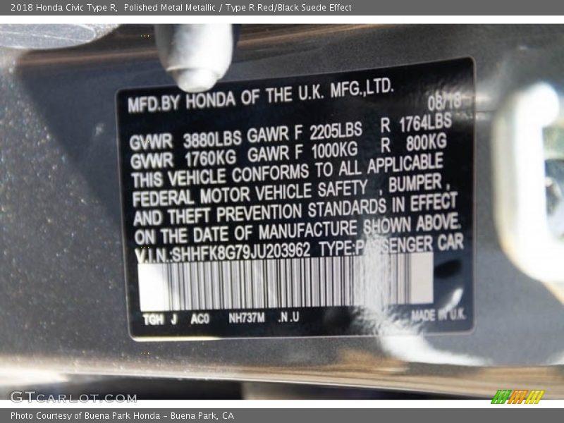 Polished Metal Metallic / Type R Red/Black Suede Effect 2018 Honda Civic Type R