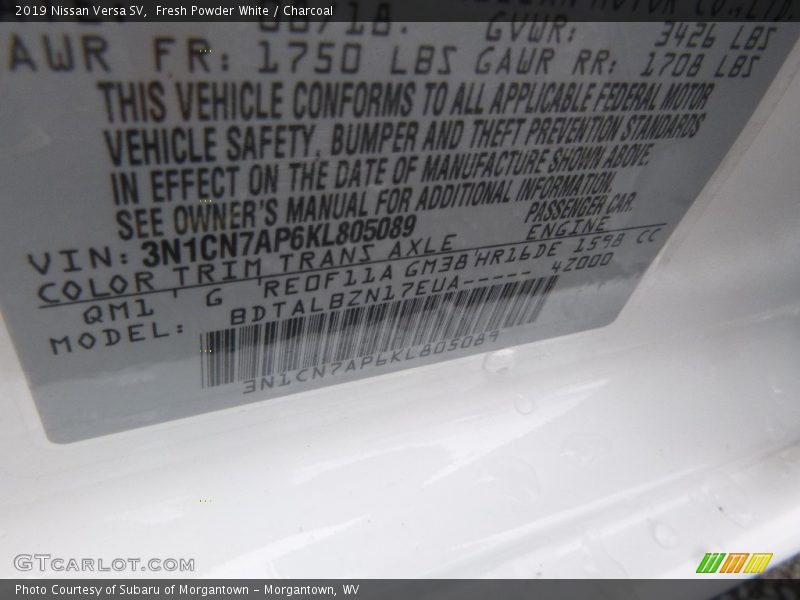 2019 Versa SV Fresh Powder White Color Code QM1