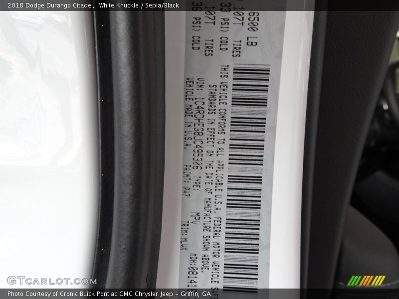 2018 Durango Citadel White Knuckle Color Code PW7