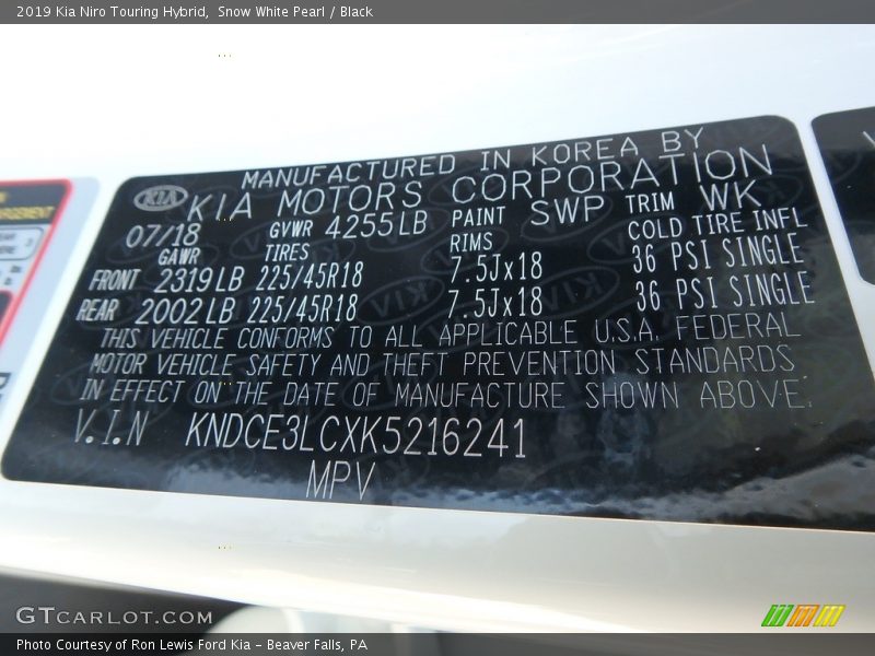 2019 Niro Touring Hybrid Snow White Pearl Color Code SWP