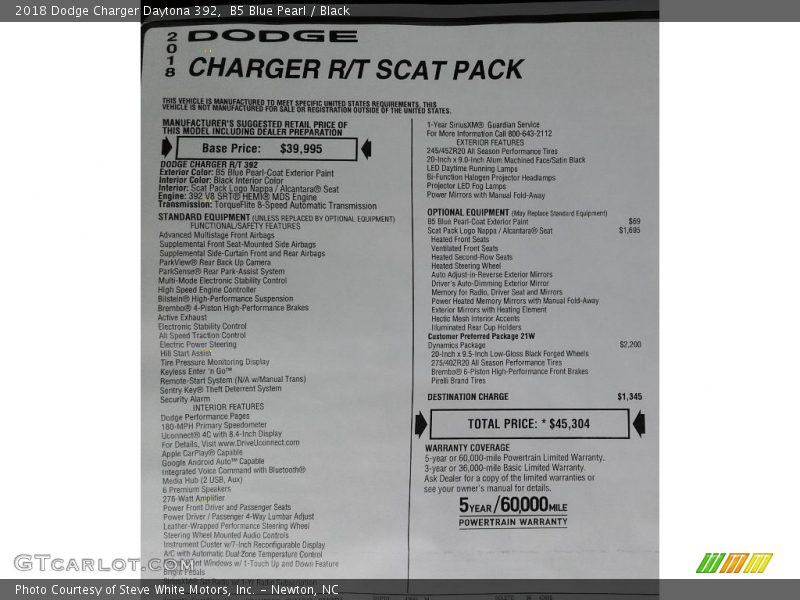 B5 Blue Pearl / Black 2018 Dodge Charger Daytona 392
