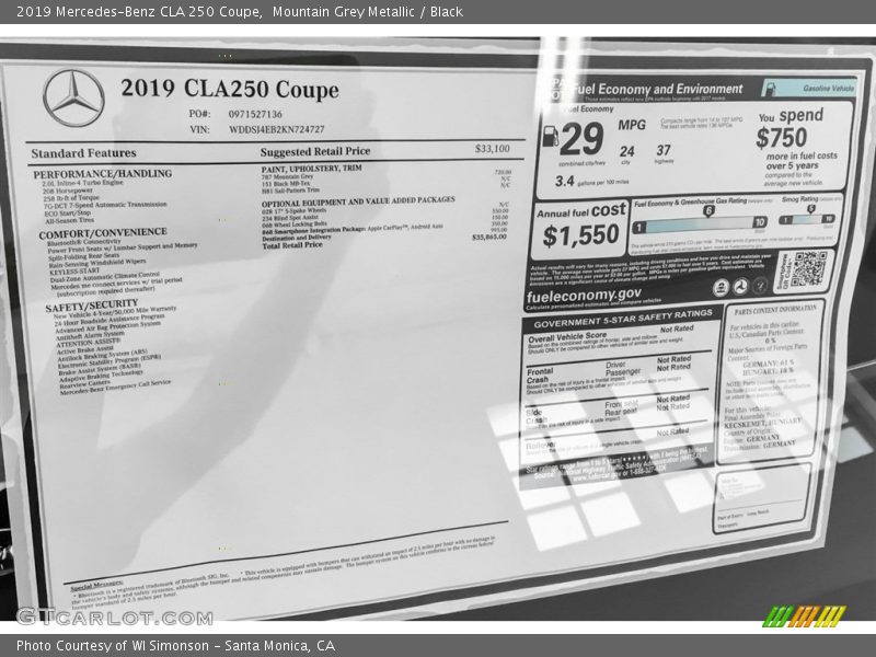 Mountain Grey Metallic / Black 2019 Mercedes-Benz CLA 250 Coupe