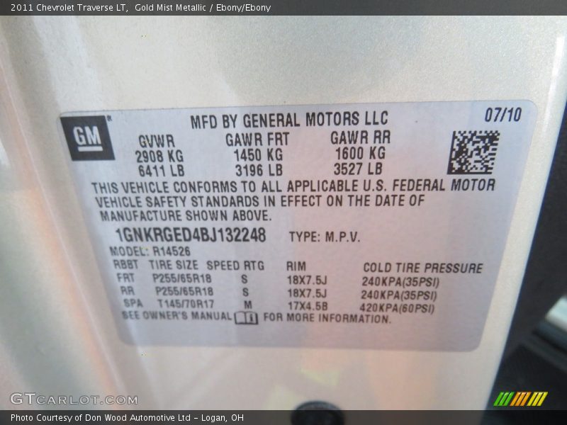 Gold Mist Metallic / Ebony/Ebony 2011 Chevrolet Traverse LT
