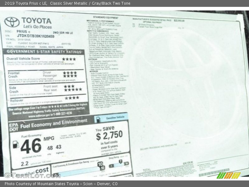  2019 Prius c LE Window Sticker