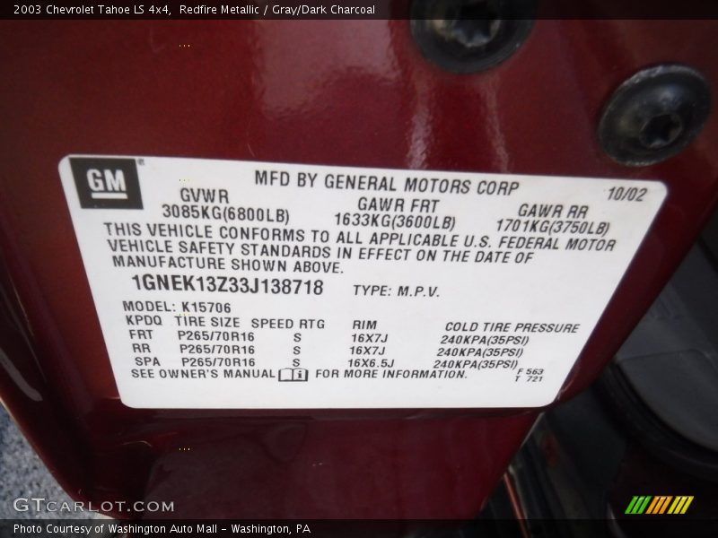 Redfire Metallic / Gray/Dark Charcoal 2003 Chevrolet Tahoe LS 4x4