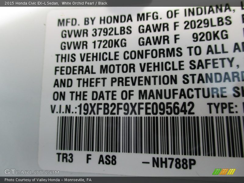 White Orchid Pearl / Black 2015 Honda Civic EX-L Sedan