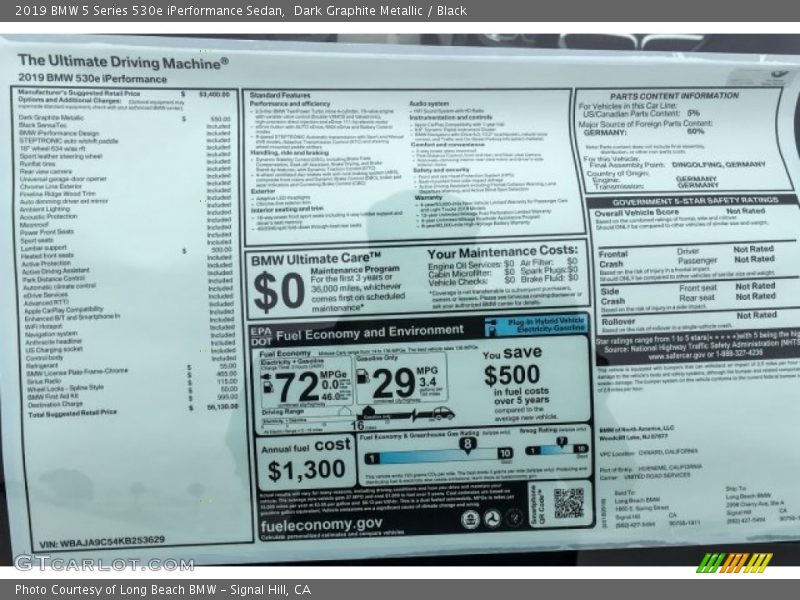  2019 5 Series 530e iPerformance Sedan Window Sticker