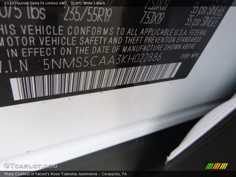 Quartz White / Black 2019 Hyundai Santa Fe Limited AWD
