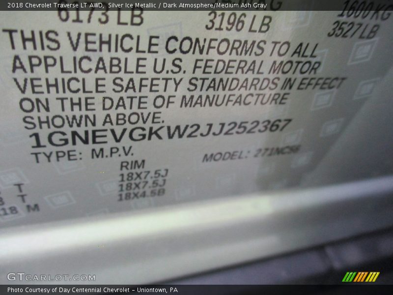 Silver Ice Metallic / Dark Atmosphere/Medium Ash Gray 2018 Chevrolet Traverse LT AWD