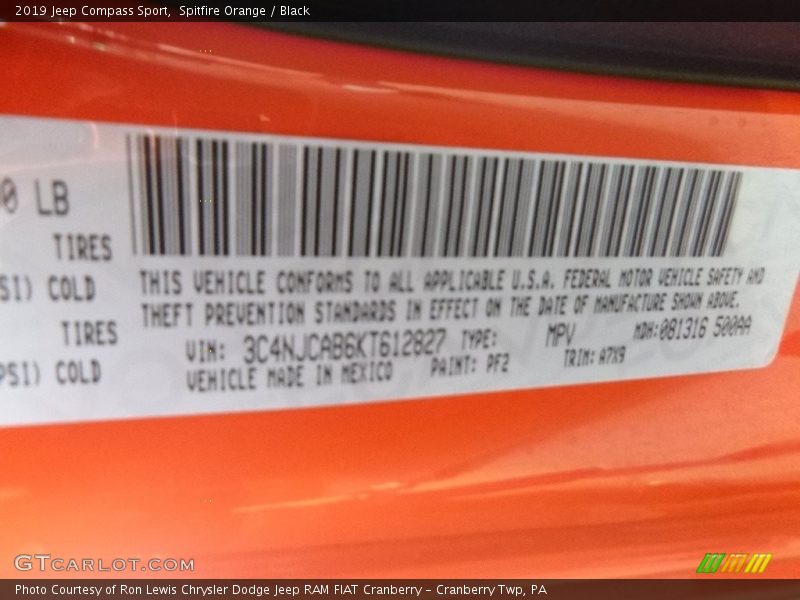 2019 Compass Sport Spitfire Orange Color Code PF2