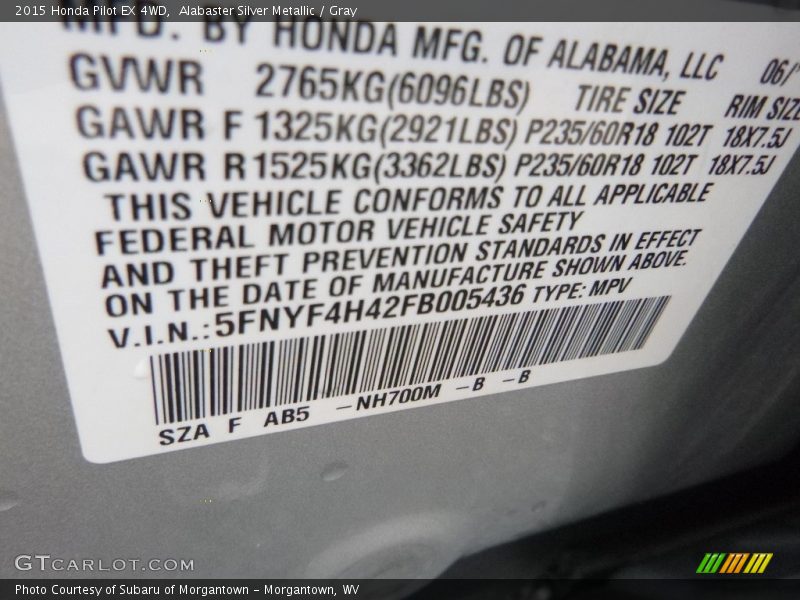 Alabaster Silver Metallic / Gray 2015 Honda Pilot EX 4WD