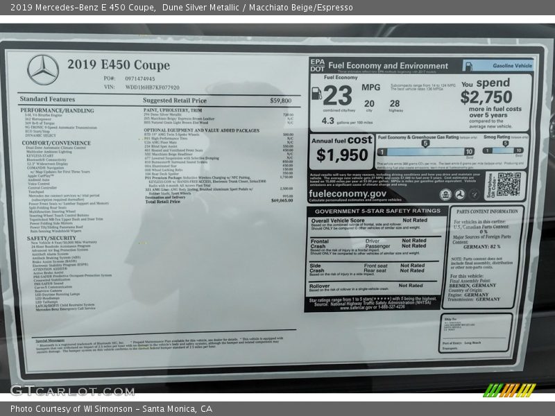  2019 E 450 Coupe Window Sticker