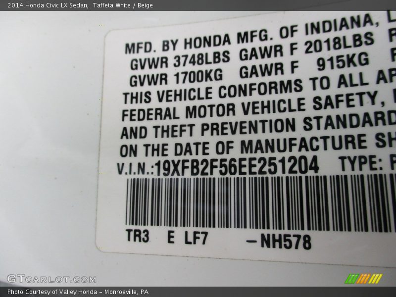 Taffeta White / Beige 2014 Honda Civic LX Sedan