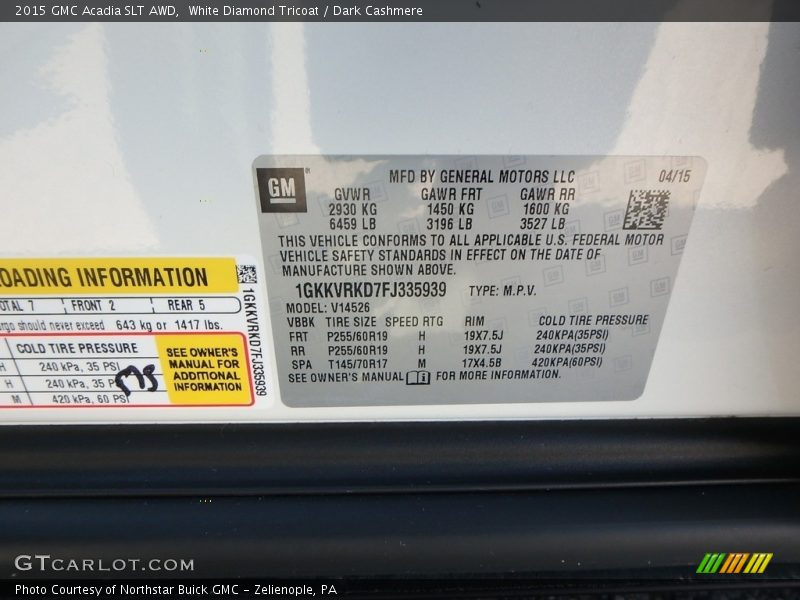 White Diamond Tricoat / Dark Cashmere 2015 GMC Acadia SLT AWD