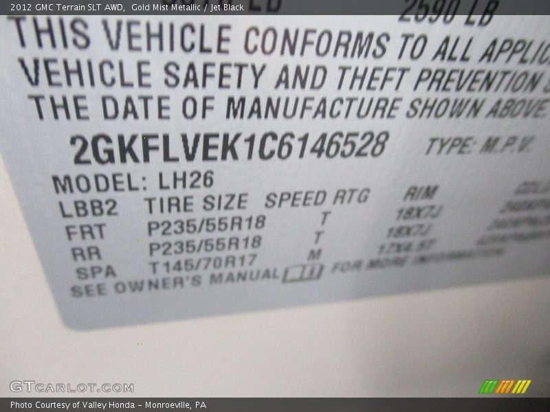 Gold Mist Metallic / Jet Black 2012 GMC Terrain SLT AWD
