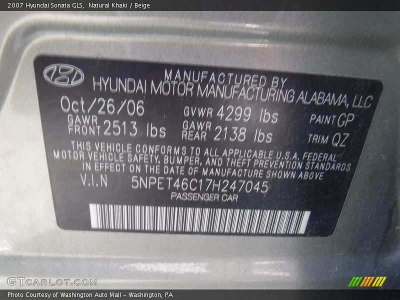 Natural Khaki / Beige 2007 Hyundai Sonata GLS