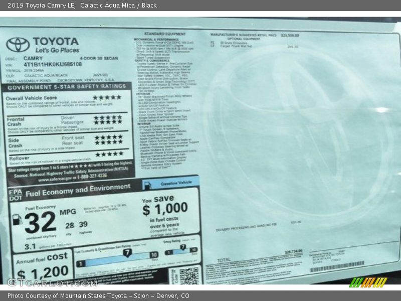  2019 Camry LE Window Sticker