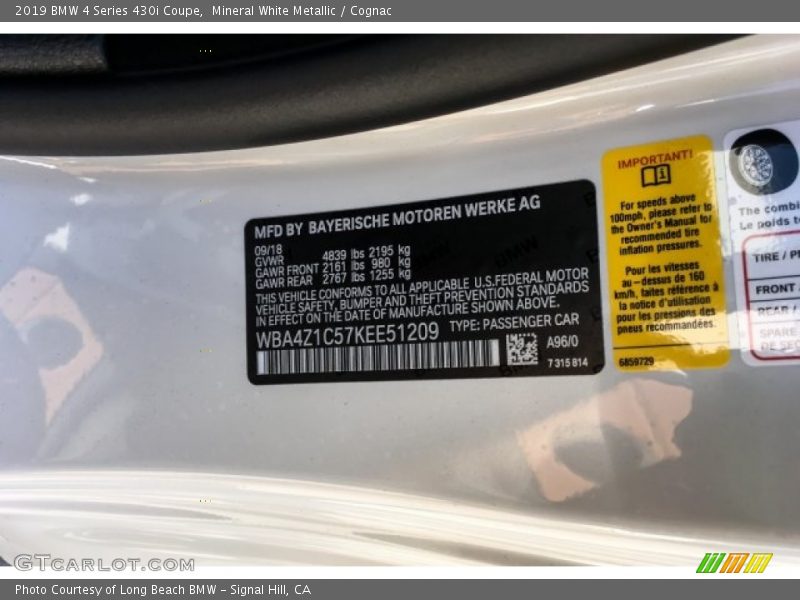 Mineral White Metallic / Cognac 2019 BMW 4 Series 430i Coupe
