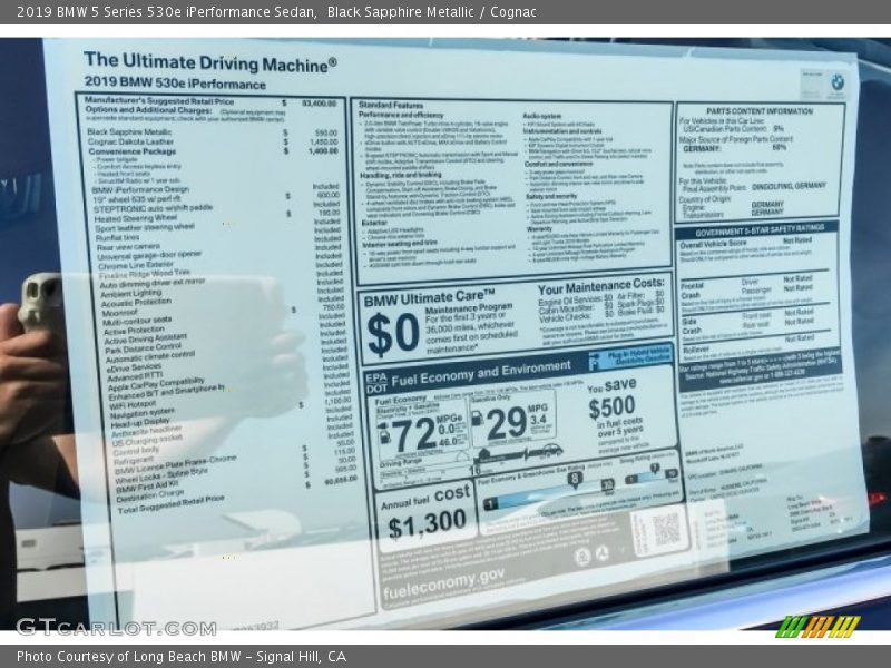  2019 5 Series 530e iPerformance Sedan Window Sticker