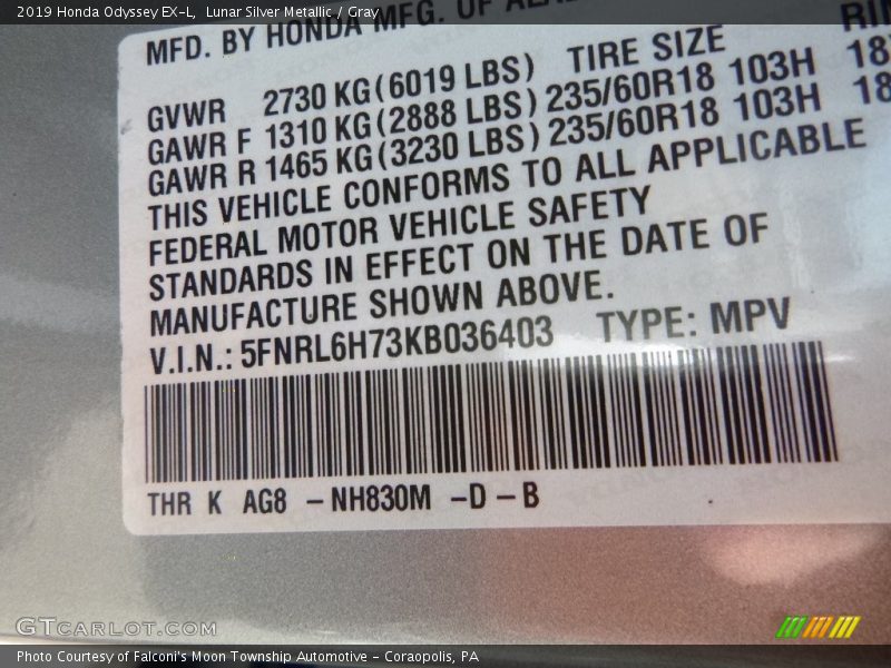 Lunar Silver Metallic / Gray 2019 Honda Odyssey EX-L