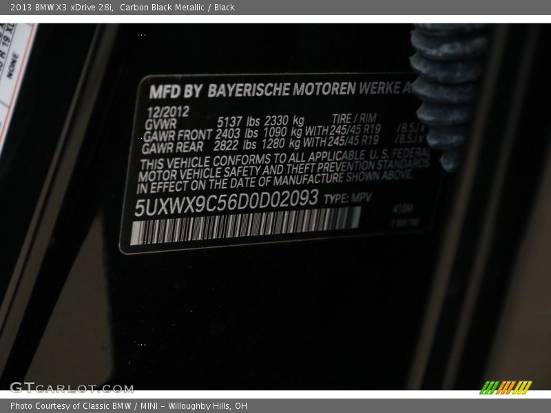 Carbon Black Metallic / Black 2013 BMW X3 xDrive 28i
