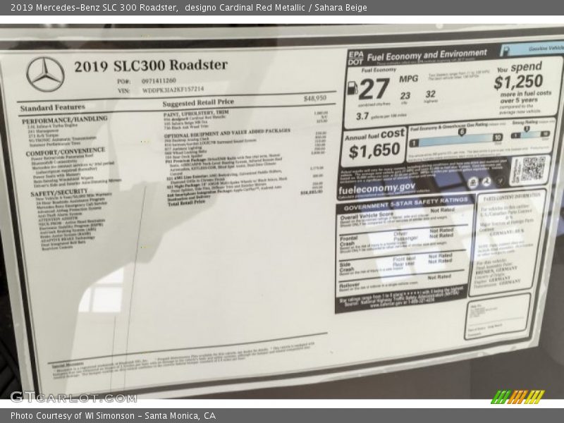  2019 SLC 300 Roadster Window Sticker