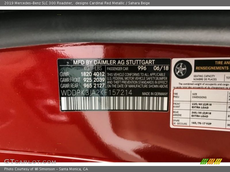 2019 SLC 300 Roadster designo Cardinal Red Metallic Color Code 996