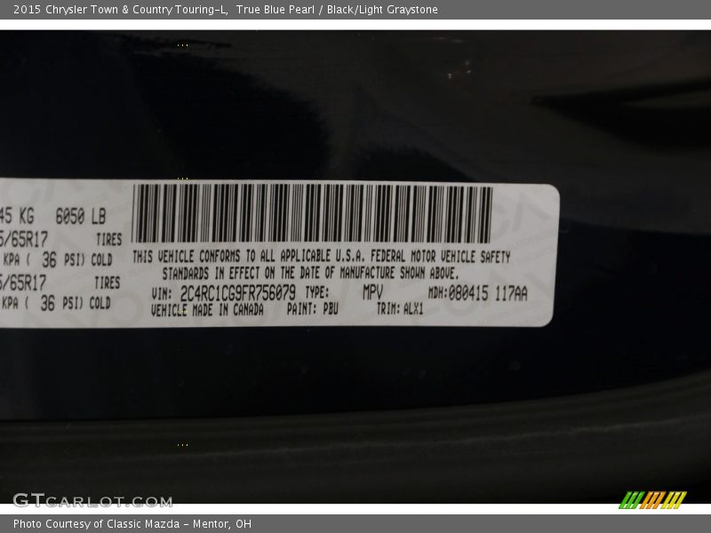 True Blue Pearl / Black/Light Graystone 2015 Chrysler Town & Country Touring-L