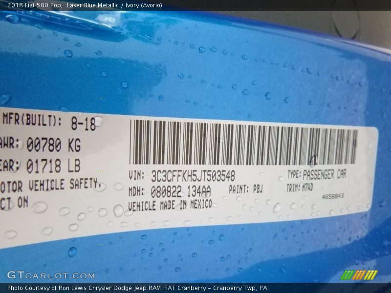 2018 500 Pop Laser Blue Metallic Color Code PBJ
