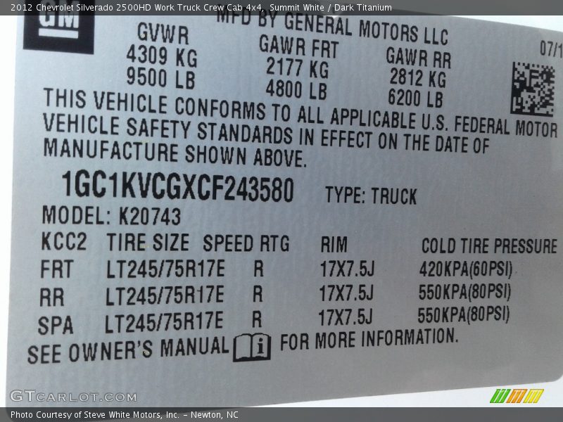 Summit White / Dark Titanium 2012 Chevrolet Silverado 2500HD Work Truck Crew Cab 4x4