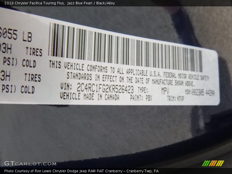 Jazz Blue Pearl / Black/Alloy 2019 Chrysler Pacifica Touring Plus